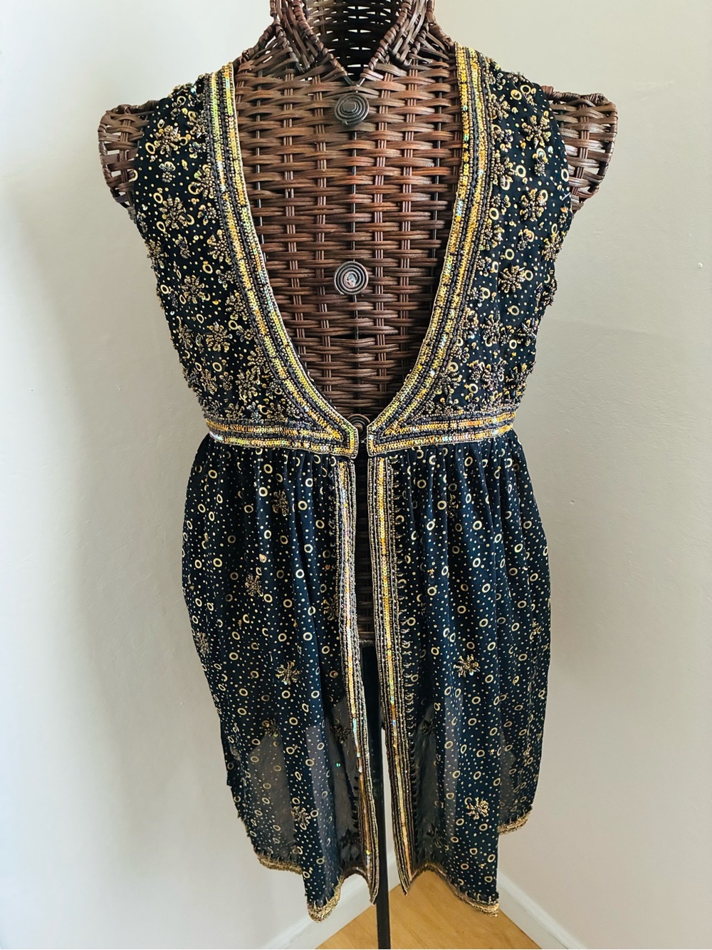 Embellished Deep V Black & Gold Sleeveless Dress/Swimsuit Cover